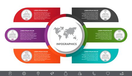 Vector infographic with main circle and 6 labels. Circles with icons for six diagrams, graph, flowchart, timeline, marketing, presentation. Creative business conceptのイラスト素材