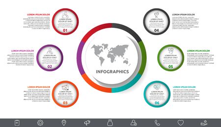 Vector infographic with main circle and 6 small circles.. Circles with icons for six diagrams, graph, flowchart, timeline, marketing, presentation. Creative business conceptのイラスト素材