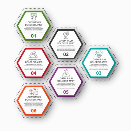 Vector infographic with 6 pentagons. Used for six diagrams, graph, flowchart, timeline, marketing, presentation. Creative business conceptのイラスト素材