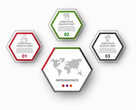 Vector infographic with main pentagon and 3 small pentagons. Used for three diagrams, graph, flowchart, timeline, marketing, presentation. Creative business conceptのイラスト素材
