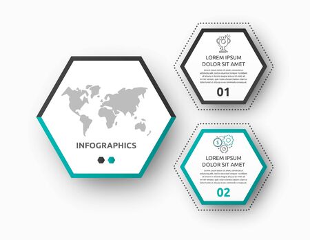 Vector infographic with main pentagon and 2 small pentagons. Used for two diagrams, graph, flowchart, timeline, marketing, presentation. Creative business conceptのイラスト素材