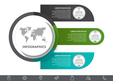 Vector infographic with main circle and 3 labels. Circles with icons for three diagrams, graph, flowchart, timeline, workflow, web. Creative business conceptのイラスト素材