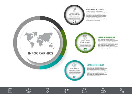 Vector infographic with main circle and 3 small circles. Circles with icons for three diagrams, graph, flowchart, timeline, workflow, web. Creative business conceptのイラスト素材
