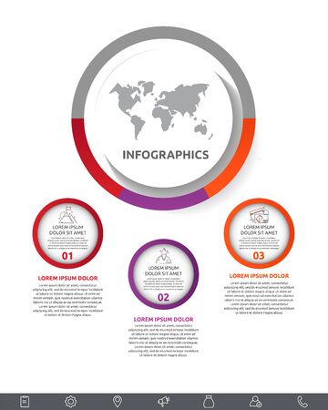 Vector infographic with main circle and 3 small circles. Circles with icons for three diagrams, graph, flowchart, timeline, workflow, web. Creative business conceptのイラスト素材