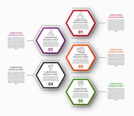 Vector infographic with 5 pentagons. Used for five diagrams, graph, flowchart, timeline, marketing, presentation. Creative business concept step by stepのイラスト素材