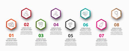 Vector infographic with 8 hexagons. Used for six diagrams, graph, flowchart, timeline, marketing, presentation. Creative business concept step by stepのイラスト素材