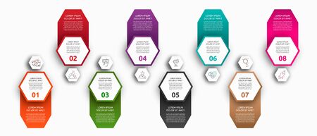 Vector infographic with 8 hexagons with labels. Used for six diagrams, graph, flowchart, timeline, marketing, presentation. Creative business concept step by stepのイラスト素材