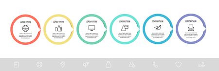 Vector flat template circle infographics. Business concept with 6 options and arrows. Six steps for content, flowchart, timeline, levels, marketing, presentation, graph, diagrams, slideshowのイラスト素材