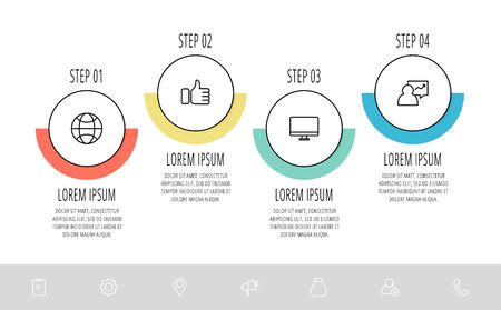 Vector flat template circle infographics. Business concept with 4 options and labels. Four steps for content, flowchart, timeline, levels, marketing, presentation, graph, slideshowのイラスト素材