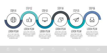 Vector flat template circle infographics. Business concept with 5 options and labels. Six steps for content, flowchart, timeline, levels, marketing, diagrams, slideshowのイラスト素材