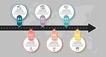 Modern road infographic template with circles. Business concept with 6 options and arrows. Six steps for brochure, diagram, timeline, levels, timeline, web designのイラスト素材