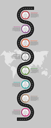 Modern road infographic template with circles. Business concept with 8 options. Eight steps for...
