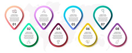 Vector infographic with 8 pins and circles. Used for eight diagrams, graphs, flowchart, timeline, marketing, presentation. Creative business concept step by stepのイラスト素材