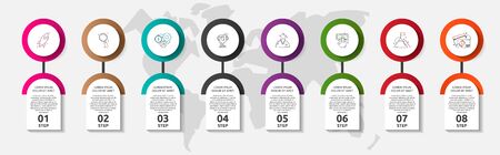 Vector template circle infographics. Business concept with 8 options and labels. Eight steps for graph, diagrams, slideshowのイラスト素材