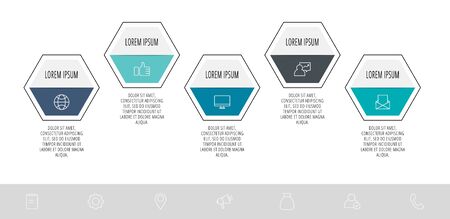 Vector modern infographic process template. Polygons with icons and text for 5 steps. Can be used for diagrams, flowchart, diagram, number options, web designのイラスト素材