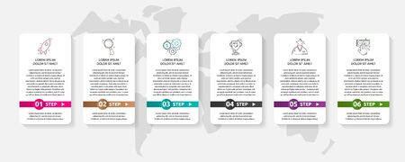Vector infographic template. Data visualization with icons and arrows for 6 steps. Can be used for diagram, flowchart, banner, business report, flow chart or info graphのイラスト素材