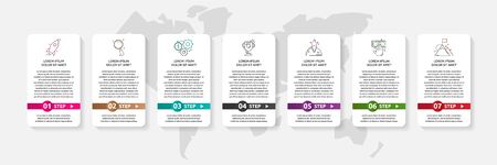 Vector infographic template. Data visualization with icons and arrows for 7 steps. Can be used for diagram, flowchart, banner, business report, flow chart or info graphのイラスト素材