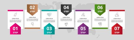Vector template shape infographic. Business concept with 7 arrows and labels. Seven steps for content, flowchart, timeline, levelsのイラスト素材