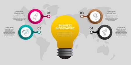 Modern vector light bulb infographics. Business template with circles and four steps. Success concept for graph, presentation, cycling diagram, chart, web, appのイラスト素材