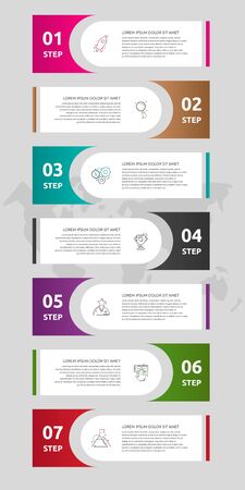Vector template labels infographics. Business concept with 7 options and parts. Seven steps for content, flowchart, timeline, levels. Path step by stepのイラスト素材