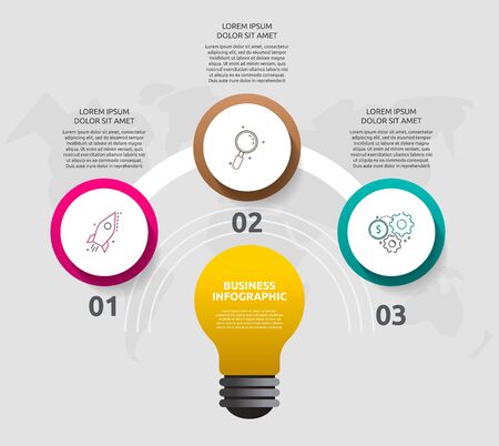 Modern vector light bulb infographics. Business template with circles and three steps. Success concept for graph, presentation, cycling diagram, chart, web, appのイラスト素材