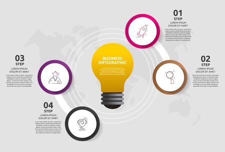Modern vector light bulb infographics. Business template with circles and four steps. Success concept for graph, presentation, cycling diagram, chart, web, appのイラスト素材