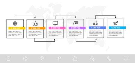 Timeline creative design linear infographics template. Business vector illustration with 6 options, arrows. Can be used for process banner, diagram, app, info graph, workflow layout, presentationのイラスト素材