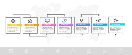 Timeline creative design linear infographics template. Business vector illustration with 7 options, arrows. Can be used for process banner, diagram, app, info graph, workflow layoutのイラスト素材