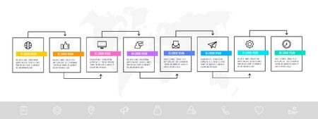 Timeline creative design linear infographics template. Business vector illustration with 8 options, arrows. Can be used for process banner, diagram, app, info graph, workflow layout, presentationのイラスト素材
