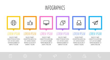 Vector flat infographics with 6 elements with arrows. Business template of six parts, options, processes. Concept of modern design for diagram, flowchart, timeline, banner, webのイラスト素材