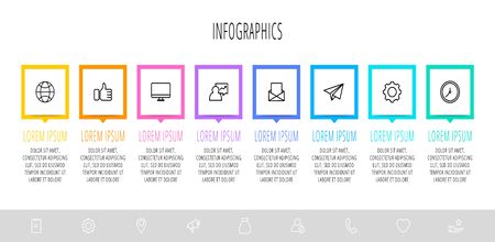 Vector flat infographics with 8 elements with arrows. Business template of eight parts, options, processes. Concept of modern design for diagram, flowchart, timeline, banner, webのイラスト素材