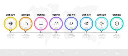 Business diagram with 8 circular elements with arrows. Vector flat concept of eight business options to choose from. Infographics modern design for flowchart, timeline, web, graph, presentationのイラスト素材