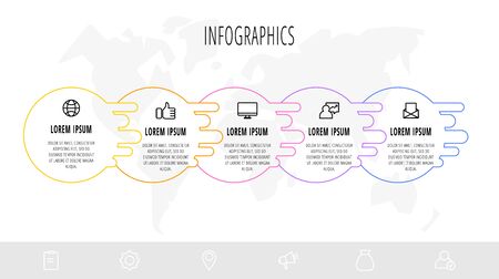 Business diagram with 5 circular elements and icons. Vector flat concept of five business options to choose from. Infographics modern design for flowchart, timeline, web, graph, presentationのイラスト素材