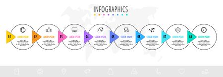 Business diagram with 8 circular elements with arrows. Vector flat concept of eight business options to choose from. Infographics modern design for flowchart, timeline, web, graph, presentationのイラスト素材