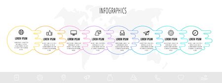 Business diagram with 8 circular elements and icons. Vector flat concept of eight business options to choose from. Infographics modern design for flowchart, timeline, web, graph, presentationのイラスト素材