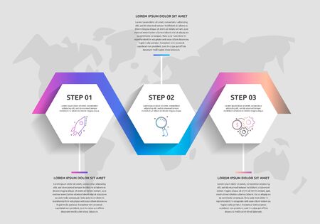 Vector business infographics. Timeline modern with 3 hexagons. Used for web design, marketing advertising, workflow layout, annual report, flowchart, presentationのイラスト素材