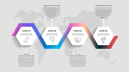 Vector business infographics. Timeline modern with four hexagons. Used for web design, marketing advertising, workflow layout, annual report, flowchart, presentationのイラスト素材