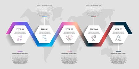 Vector business infographics. Timeline modern with 5 hexagons. Used for web design, graph, diagrams, slideshowのイラスト素材