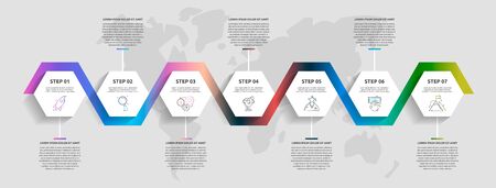Vector business infographics. Timeline modern with 7 hexagons. Used for web design, marketing advertising, workflow layout, annual report, presentationのイラスト素材