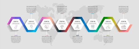 Vector business infographics. Timeline modern with 8 hexagons. Modern design for flowchart, timeline, web, graph, presentationのイラスト素材
