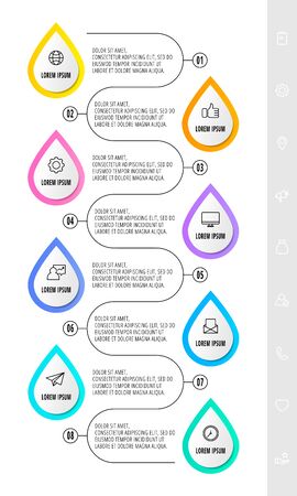 Vector infographic with 8 drops and icons. Template of eight business options. Modern design for flowchart, presentations, banner, diagram, timeline. Path step by stepのイラスト素材