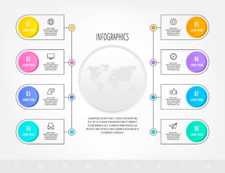 Creative circular infographics with 8 steps, parts, options. Vector design template. Can be used for business, banner, flow chart, info graph, timeline, content, levels. Data visualization.のイラスト素材