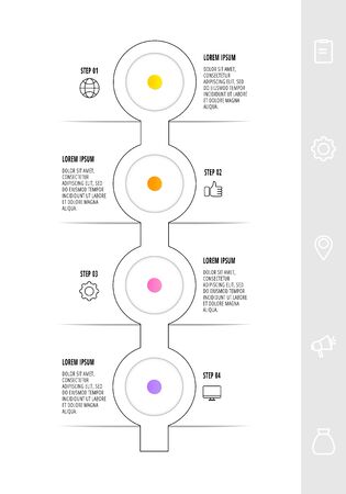 Infographic circular with 4 steps, parts, icons. Flat vector template. Can be used for diagram, web, banner, workflow layout, presentations, flow chart, info graph, timeline, levels.のイラスト素材
