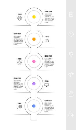 Infographic circular with five steps, parts, icons. Flat vector template. Can be used for diagram, business, web, banner, presentations, flow chart, info graph, timeline, content, levels.のイラスト素材
