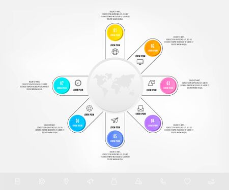 Creative circular infographics with 7 steps, parts, options. Vector design template. Can be used for business, banner, flow chart, info graph, timeline, content, levels. Data visualization.のイラスト素材