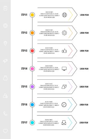 Infographic arrows with seven steps, icons. Line vector template. Can be used for diagram, business, web, banner, workflow layout, presentations, flow chart, info graph, timeline, content, levels.のイラスト素材