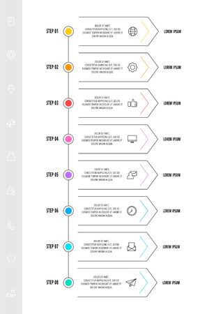 Infographic arrows with eight steps, icons. Line vector template. Can be used for diagram, business, web, banner, workflow layout, presentations, flow chart, info graph, timeline, content, levels.のイラスト素材