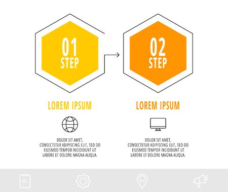 Hexagon infographic design template with 2 options and icons. Vector line business concept. Can be used for web, banner, workflow layout, presentations, flow chart, info graph, timeline, content.のイラスト素材