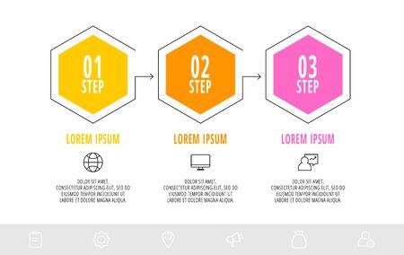Hexagon infographic design template with 3 options and icons. Vector line business concept. Can be used for diagram, web, banner, workflow layout, presentations, flow chart, info graph, content.のイラスト素材