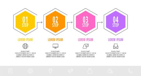 Hexagon infographic design template with 4 options and icons. Vector line business concept. Can be used for diagram, web, workflow layout, flow chart, info graph, timeline, content, levels.のイラスト素材
